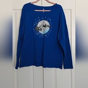 Blue Long-Sleeve Tee with Moon and Santa Graphic, Size 2X